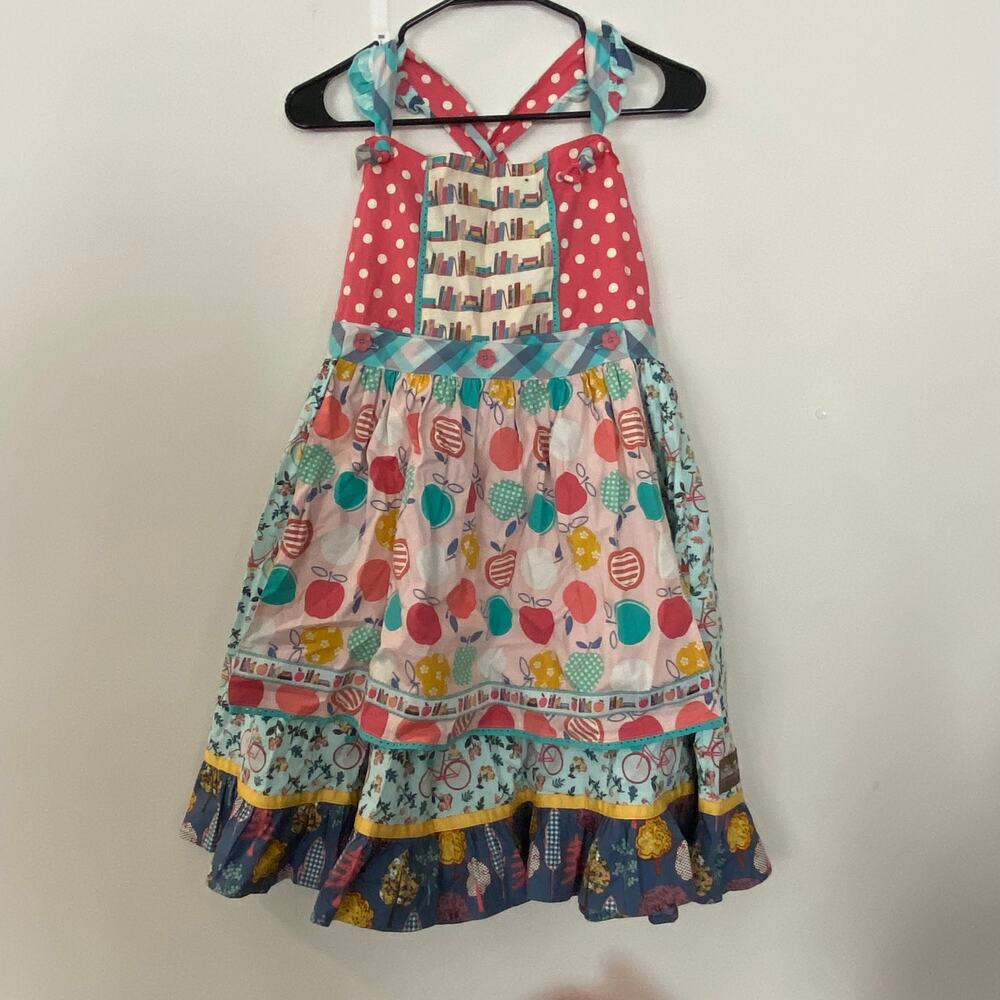 Boutique Girls 16 Patchwork Dress Apple Bicycle Tie Back Twirl Summer